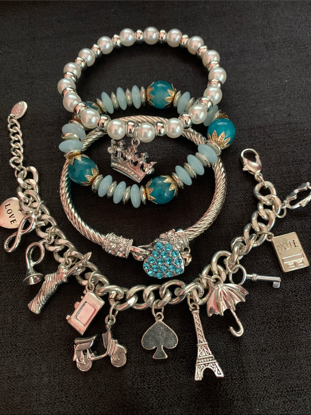 Silver-Tone Charm Bracelet Set with Teal Bead Accents